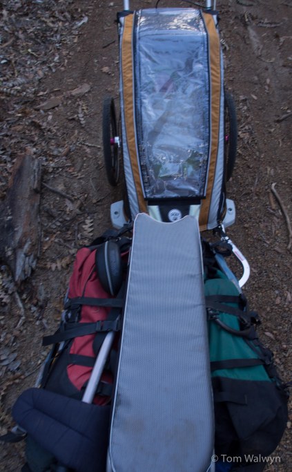 A back-pack on either side nicely weighs down the back wheel. Progress once we're onto the Munda Biddi is not fast by any stretch of the imagination: but there's a certain 'zen' to finely controlling 5km/hr wheel by wheel by 2 wheel passage over/round trail features. Bryn just lies there avidly taking in the view.