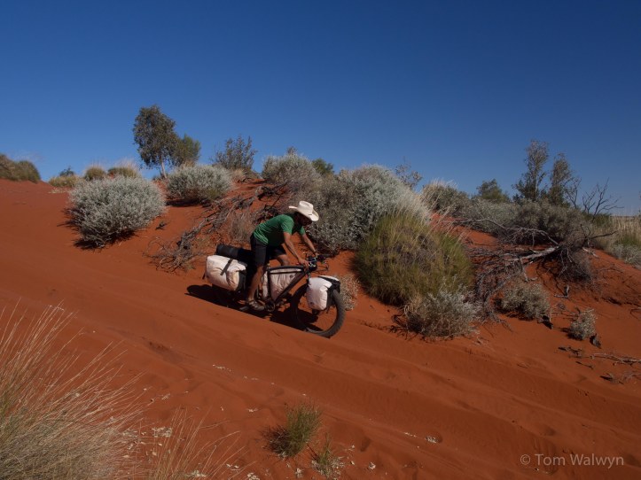 Scott found bike handling with full front panniers 'interesting', though it didn't seem to hold him back on the down-dune plunges