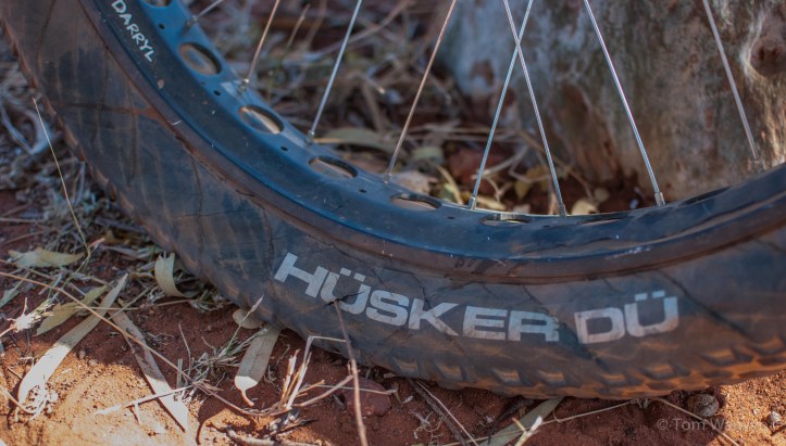 The end of the trail for my rear tyre.  Running low pressures with a heavy load meant that the side-walls wore much faster than the treads.  Though it held, there's a hole (plus twig) at the finish