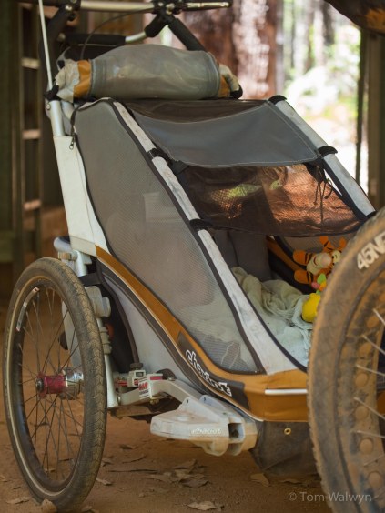 Sleeping upright in the Yepp-mini doesn't work, so I was pulling the Chariot for snooze time.  There's a very satisfying zen to visualisation of twin trailer wheel passage over roots and rocks.  Especially to keep things smooth - suspension (in the trailer) helps.