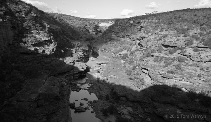 Looking down from the look-out, the climbing's mostly on the left with some in plain view of the tourists and the better stuff hidden away down-stream